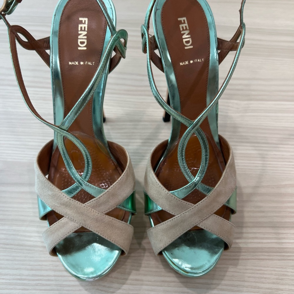 Fendi Gold and Green Strappy Heels